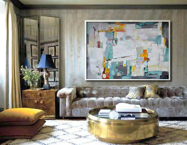 Extra Large Acrylic Painting On Canvas,Oversized Horizontal Contemporary Art,Living Room Wall Art White,Grey,Lake Blue,Yellow